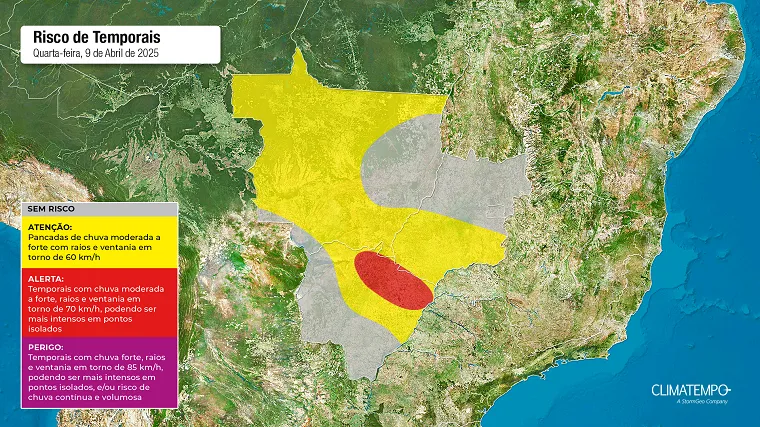 Figura 1: Mapa de risco de chuva forte no Centro-Oeste para 09/04/25 – Fonte: Climatempo